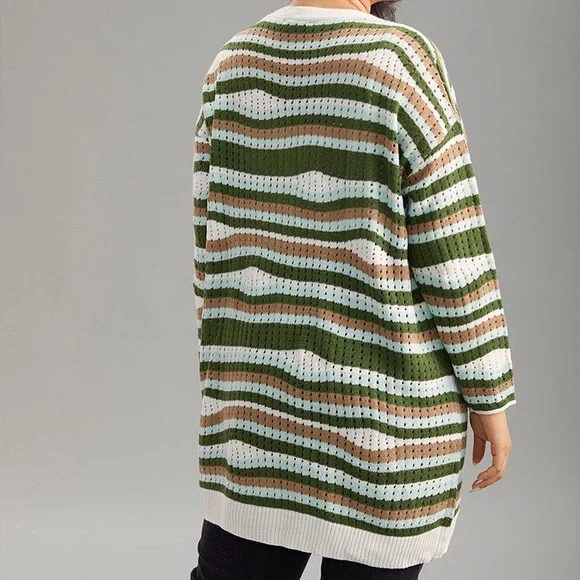 BLOOMCHIC Striped Contrast Button Up Hollow Out Cardigan Size 5X NEW - Picture 2 of 16